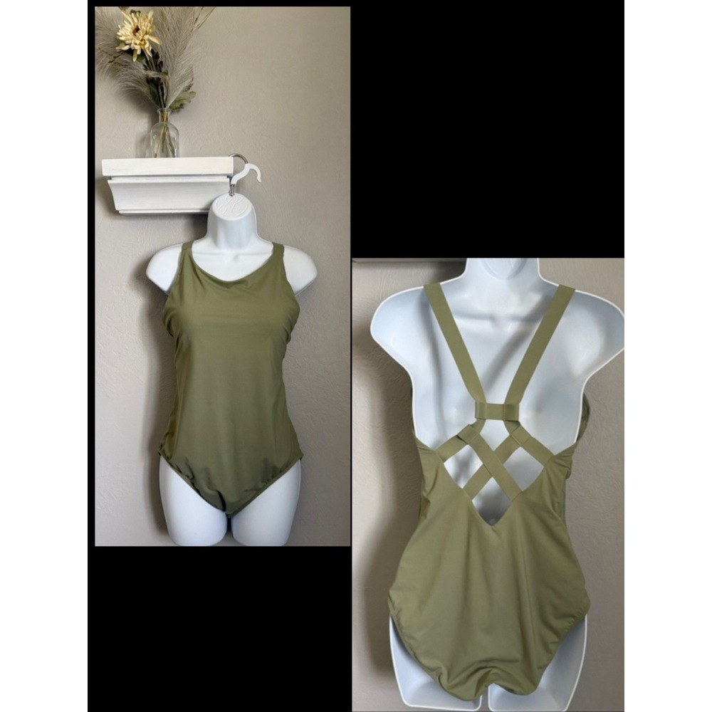 Athleta One Piece Swimsuit Womens Size Large Palm Green Strappy Padded
